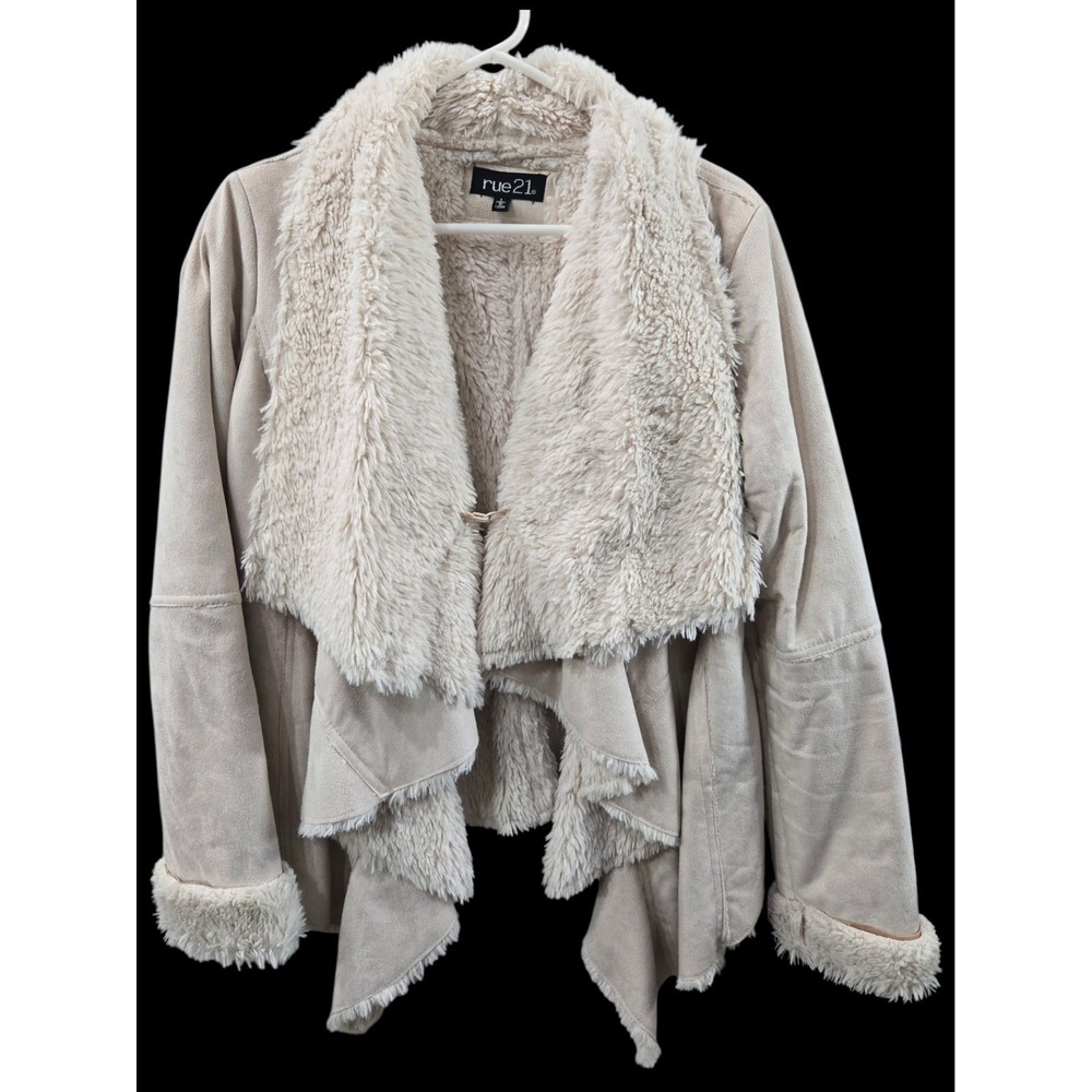 Y2K Rue 21 Beige Faux Suede & Fur Cascade Wrap Jacket Boho Shearling Coat Large‎